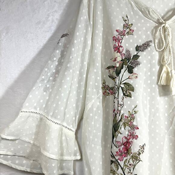 GIA Boho Top XXL White Oversized Sheer Floral Print Peasant Plus Flutter Tassel - Picture 3 of 16